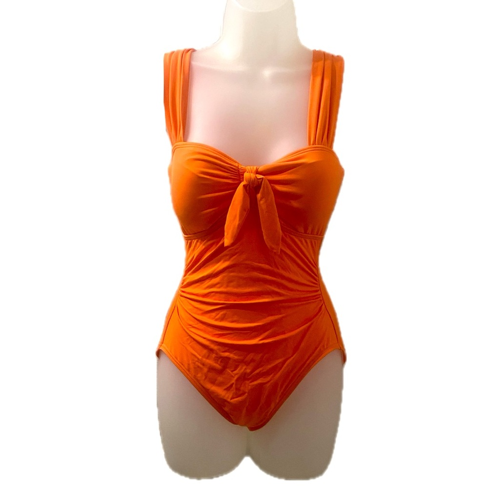 Carmen Marc Valvo Hot Coral Ruched One Piece Swimsuit - Picture 1 of 4